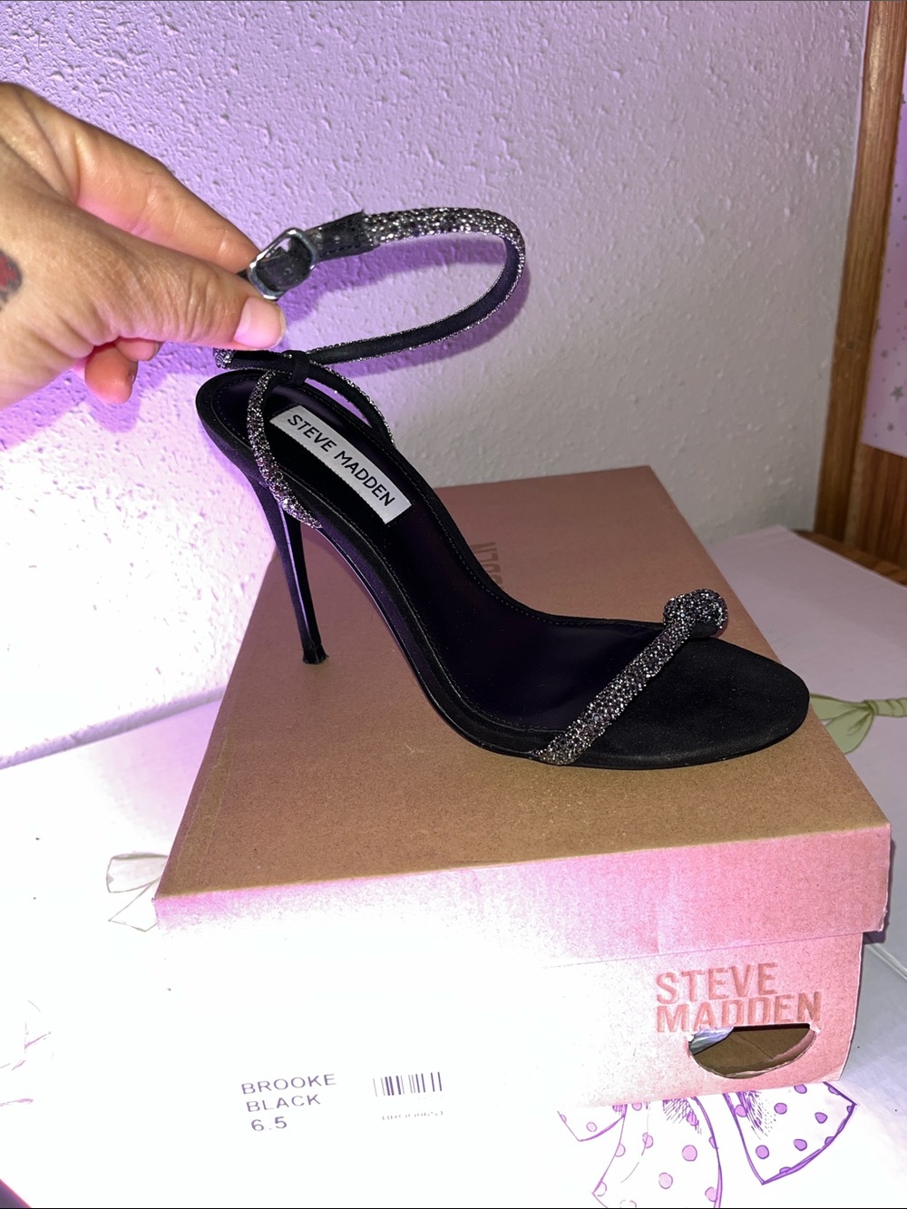 Steve Madden Black Glitter Strap Stiletto Sandals